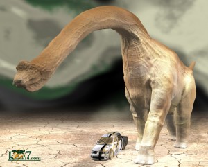 ブラキオサウルスと車（化石セブンオリジナルＣＧ）
