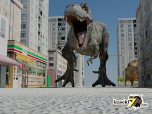 町を練り歩くティラノサウルス（化石セブンオリジナルＣＧ）