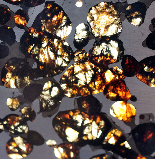 １０センチ近い大判、黄金色を呈する美しきかんらん石を御覧ください！２０１６年にケニアで発見された新しいパラサイト隕石（本体防錆処理済み）（その2）
