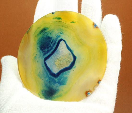 イエロー×ブルーの配色が目に鮮やかな、鉱物メノウスライス標本(agate)/　【ot933】