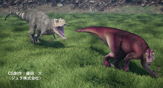 ハドロサウルスをおいかけるティラノサウルス