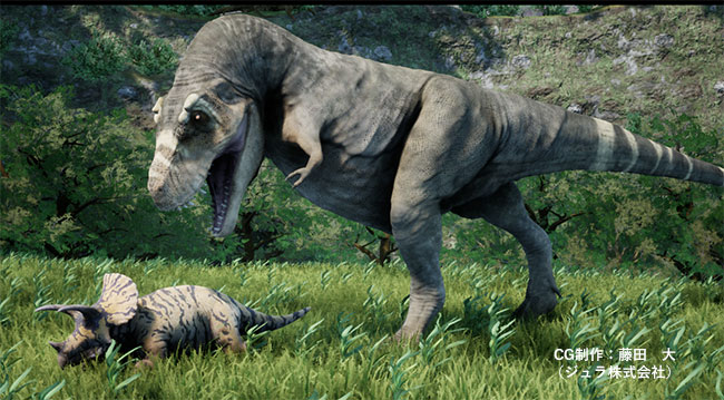 トリケラトプスの幼体を襲うティラノサウルス・レックス