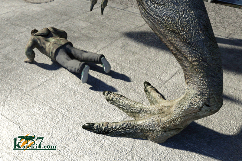 ティラノサウルスに踏まれそうな人間