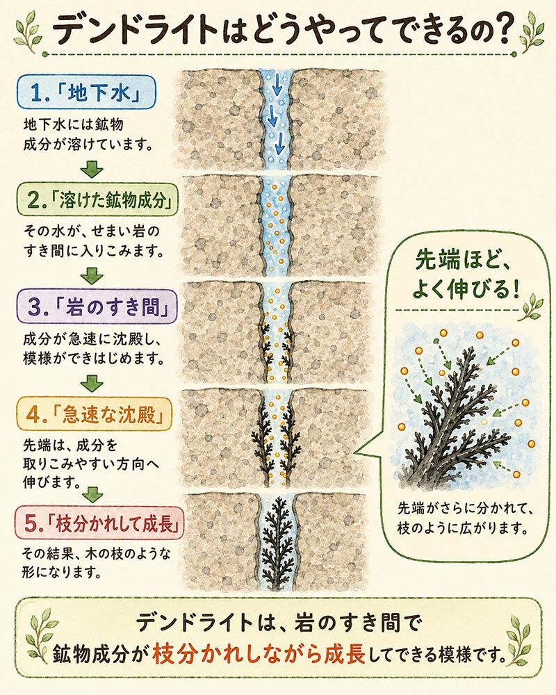 デンドライトは、木の枝やシダ植物のように見える不思議な模様です。