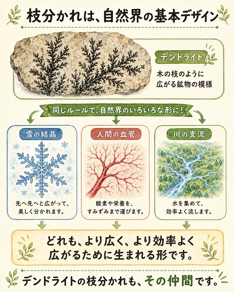 デンドライトの美しい枝分かれは、自然界に共通する「基本デザイン」の一つ