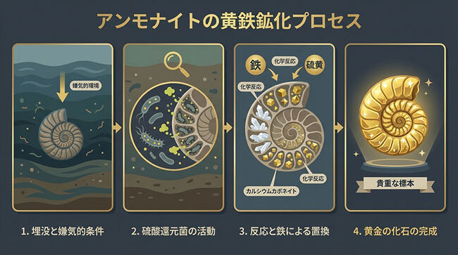 抜群に美しい縫合線にご注目！世界中のアンモナイトコレクターから愛される、フランス・アヴェロン産の黄鉄鉱化アンモナイト（その10）