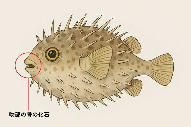 中新世に生息していた古代のハリセンボン、ディオドン(Diodon sp.)のくちばし状の顎骨の化石(その7)