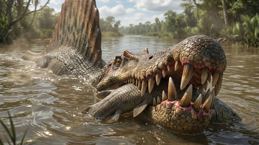 特徴的な縦筋が刻まれた、約1億年前の獣脚類恐竜スピノサウルス（Spinosaurus）の歯化石（その8）
