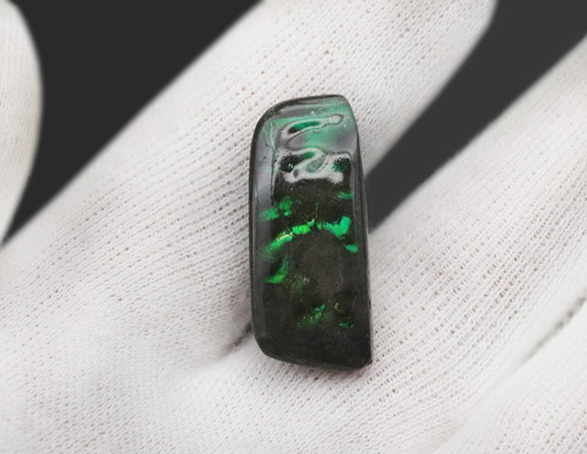 鮮やかなグリーンを呈する、宝石、アンモライト(Ammolite)のピンプローチ(その2)