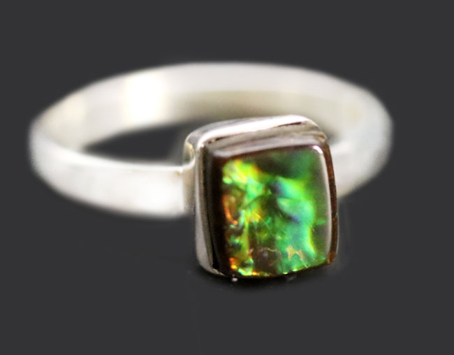 エメラルドグリーンに輝く、美しいアンモライト(Ammolite)を使ったリング。男女兼用。(その7)