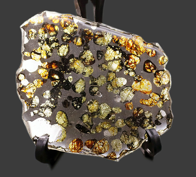 ベストクオリティ、おすすめ！黄と緑の中間色、オリーブ色を呈するかんらん石にご注目ください！２０１６年に発見された新しいパラサイト隕石、ケニヤ産パラサイト隕石（本体防錆処理済み）（その6）