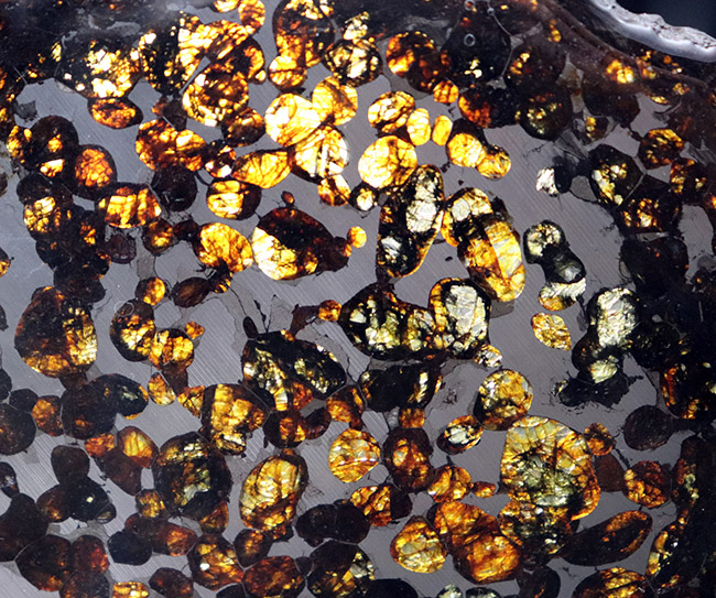 爛々と輝くかんらん石にご注目！厳選品！ハイクラス標本をお探し方に。２０１６年に発見された新しいパラサイト隕石、ケニヤ産パラサイト隕石（本体防錆処理済み）（その4）
