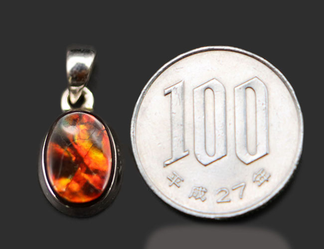 赤と思いきや鮮やかな緑が顔をのぞかせます!アンモライトを使ったペンダントトップ(Ammolite)。金具はスターリングシルバー。チェーン、革紐、ジュエリーケース付き(その9)