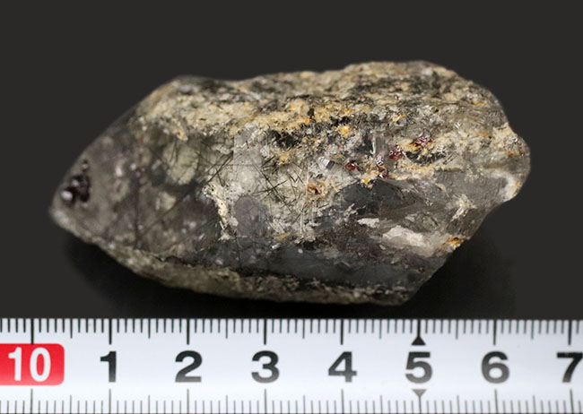 火成岩内部に発達した石英のなかに浮かぶ数々の二酸化チタン。ブラックルチルクォーツ（Black Rutilated Quartz）の原石（その8）