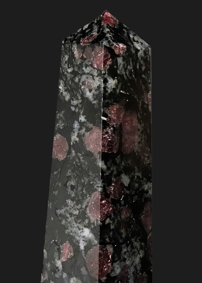 電気石ことブラックトルマリン(Black tourmalin)に宝石、ガーネット(Garnet)が入った、高級感あふれるオベリスク型のタワー標本(その6)