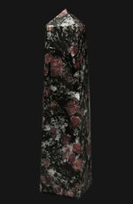 電気石ことブラックトルマリン（Black tourmalin）に宝石、ガーネット（Garnet）が入った、高級感あふれるオベリスク型のタワー標本