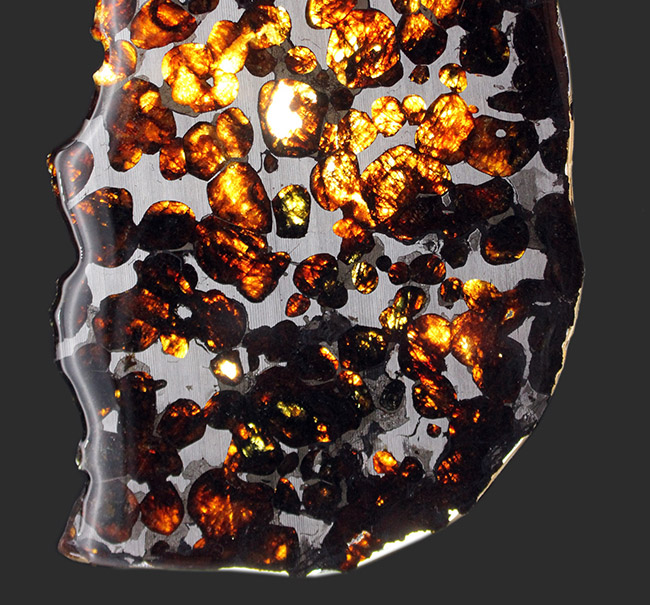 透明度が高く燦々と輝くフレッシュなかんらん石にご注目ください！２０１６年に発見された新しいパラサイト隕石（本体防錆処理済み）（その4）