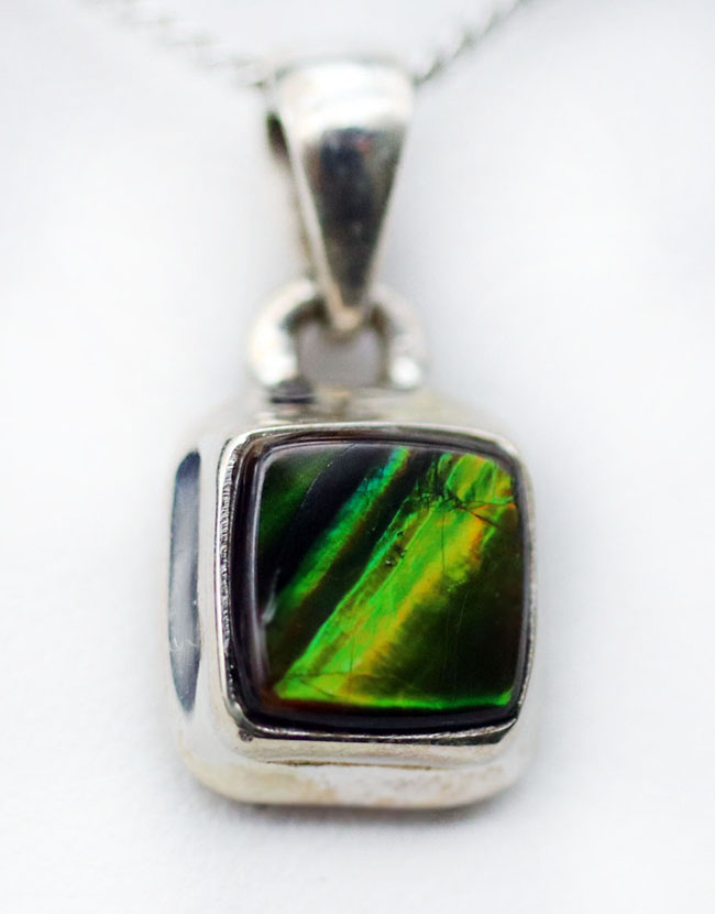 夏にかけてぴったり!明るい緑!数少ない生物起源の宝石の一つ、アンモライト(Ammolite)を使ったペンダントトップ(シルバーチェーン、革紐、高級ジュエリケース付き)(その4)