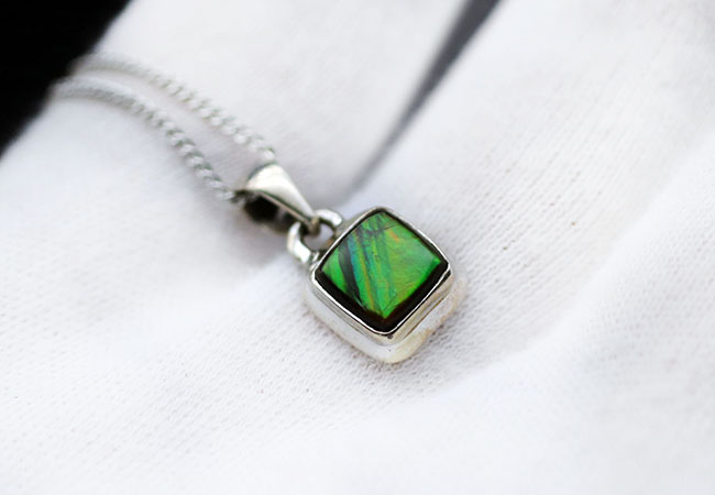 夏にかけてぴったり!明るい緑!数少ない生物起源の宝石の一つ、アンモライト(Ammolite)を使ったペンダントトップ(シルバーチェーン、革紐、高級ジュエリケース付き)(その5)
