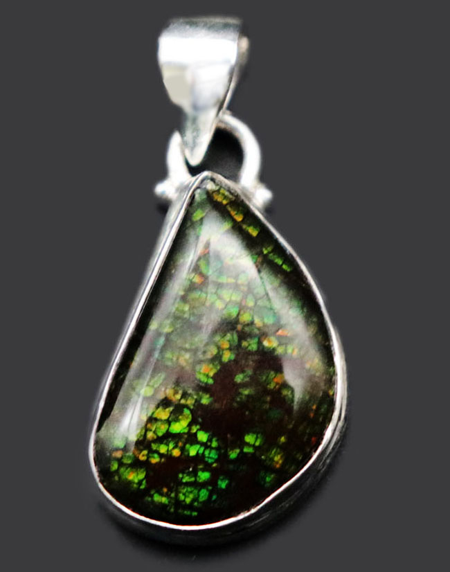 ドラゴンスキン!グリーンを呈するアンモライト(Ammolite)を使ったペンダントトップ。金具はスターリングシルバー。チェーン、革紐、ジュエリーケース付き(その1)