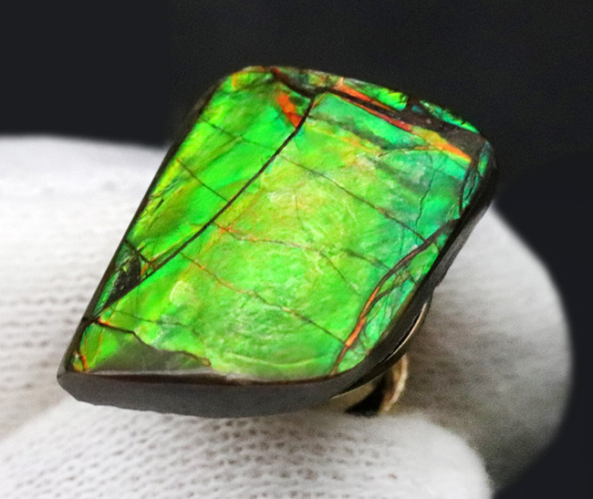 グリーン、イエローを呈する発色の良いアンモ”ラ”イト（Ammolite）を使ったピンブローチ（その3）