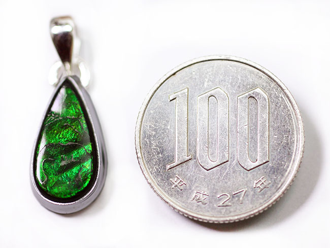 グリーンアンモライトペンダントトップ（２種類のチェーン、高級ジュエリーケース付）。他の宝石にはないダイナミックな色の変化。（その10）