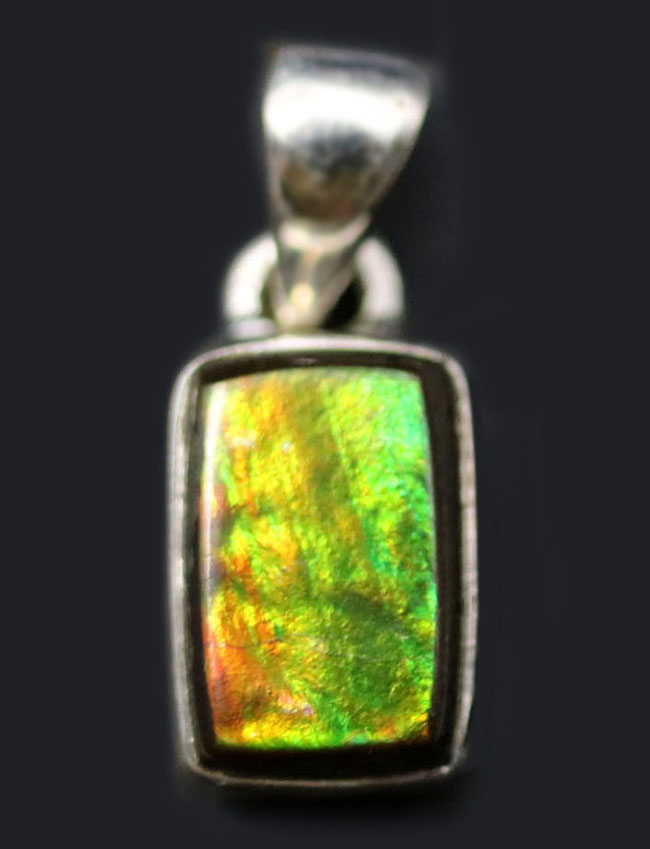 どんな装いにも似合うプチサイズ、生物起源の宝石、アンモライトを使ったペンダントトップ(Ammolite)。金具はスターリングシルバー。チェーン、革紐、ジュエリーケース付き(その1)
