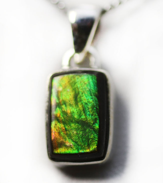 どんな装いにも似合うプチサイズ、生物起源の宝石、アンモライトを使ったペンダントトップ(Ammolite)。金具はスターリングシルバー。チェーン、革紐、ジュエリーケース付き(その3)