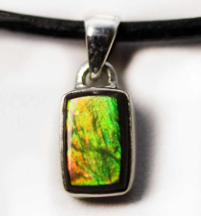 どんな装いにも似合うプチサイズ、生物起源の宝石、アンモライトを使ったペンダントトップ(Ammolite)。金具はスターリングシルバー。チェーン、革紐、ジュエリーケース付き(その8)