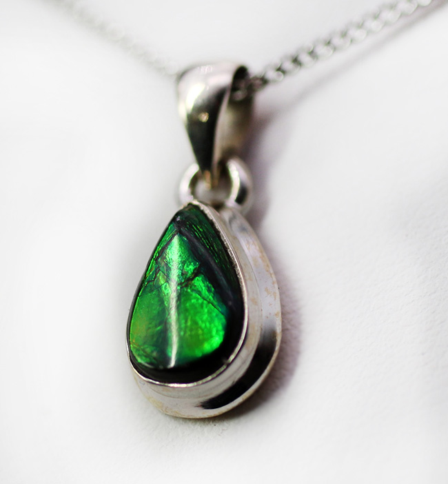 さわやか!今の季節にぴったりの、新緑のグリーンを呈する、カナダ産アンモライト(Ammolite)を使ったペンダントトップ。金具はスターリングシルバー。チェーン、革紐、ジュエリーケース付き(その4)