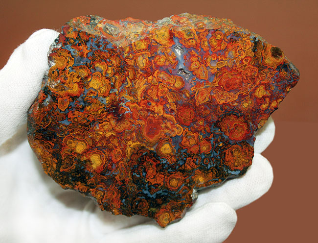 鮮やかな色合いで楽しませてくれる、ストロマトライトを含むハンガリー産の朱いメノウ(Agate)(その4)
