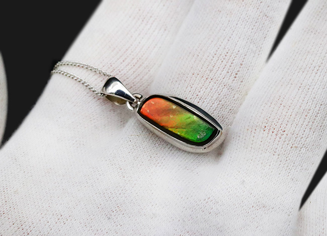 なめらかで美しいグラデーションを描く、カナダ産のアンモライト(Ammolite)を使ったペンダントトップ。金具はスターリングシルバー。チェーン、革紐、ジュエリーケース付き(その4)
