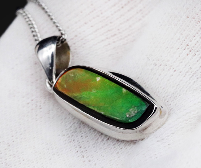 なめらかで美しいグラデーションを描く、カナダ産のアンモライト(Ammolite)を使ったペンダントトップ。金具はスターリングシルバー。チェーン、革紐、ジュエリーケース付き(その5)