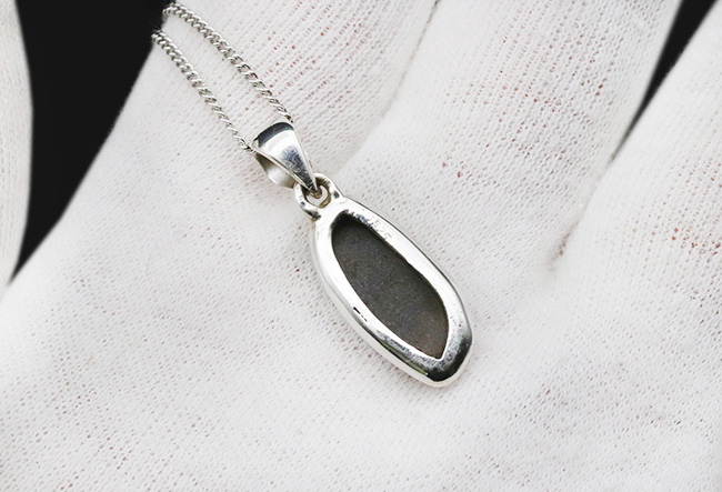 なめらかで美しいグラデーションを描く、カナダ産のアンモライト(Ammolite)を使ったペンダントトップ。金具はスターリングシルバー。チェーン、革紐、ジュエリーケース付き(その6)