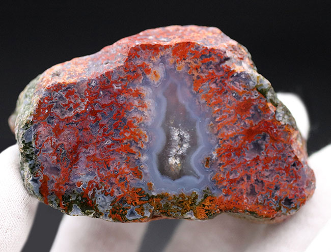 晶洞のような穴と網目模様を持つ、ハンガリー産の朱いメノウ（Agate）（その6）