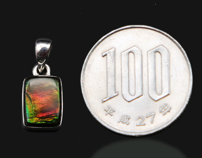 オレンジとグリーンに輝く!カナダ産の上質なアンモライト(Ammolite)を使ったペンダントトップ。金具はスターリングシルバー。チェーン、革紐、ジュエリーケース付き(その8)