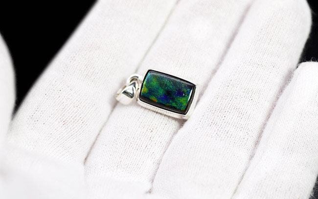 希少色のブルーを呈する、高品位なアンモライト(Ammolite)を使ったペンダントトップ。金具はスターリングシルバー。チェーン、黒紐、ジュエリーケース付き(その5)