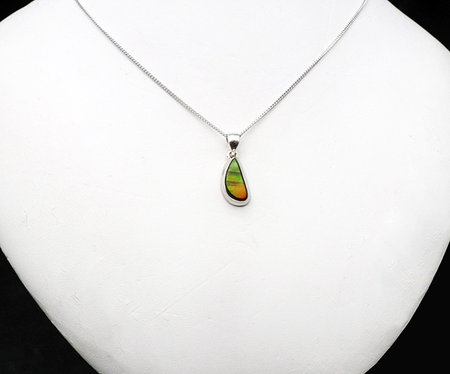 強い発色!さわやかな色合いにご注目!宝石アンモライト(Ammolite)を使ったペンダントトップ。金具はスターリングシルバー。チェーン、革紐、ジュエリーケース付き(その2)