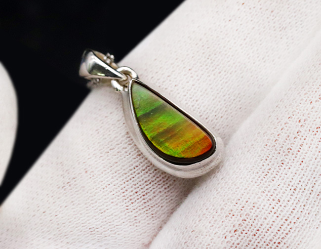 強い発色!さわやかな色合いにご注目!宝石アンモライト(Ammolite)を使ったペンダントトップ。金具はスターリングシルバー。チェーン、革紐、ジュエリーケース付き(その3)