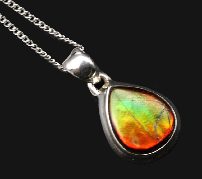 遊色アンモナイトの王様、カナダ産のアンモ”ラ”イト(Ammolite)を使った、ティアドロップ型のペンダントトップ。金具はスターリングシルバー。(シルバーチェーン、革紐、ジュエリーケース付き)(その1)