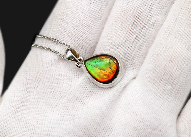 遊色アンモナイトの王様、カナダ産のアンモ”ラ”イト(Ammolite)を使った、ティアドロップ型のペンダントトップ。金具はスターリングシルバー。(シルバーチェーン、革紐、ジュエリーケース付き)(その4)