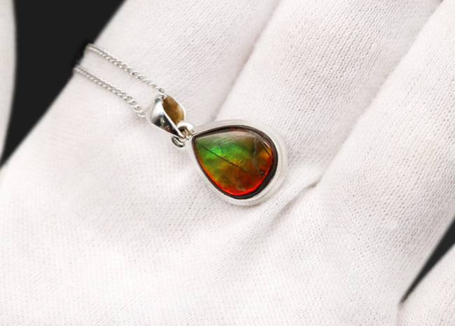 遊色アンモナイトの王様、カナダ産のアンモ”ラ”イト(Ammolite)を使った、ティアドロップ型のペンダントトップ。金具はスターリングシルバー。(シルバーチェーン、革紐、ジュエリーケース付き)(その5)