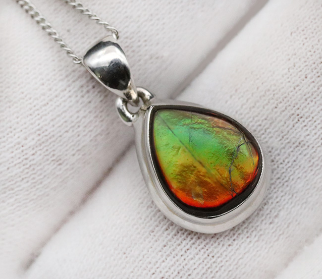 遊色アンモナイトの王様、カナダ産のアンモ”ラ”イト(Ammolite)を使った、ティアドロップ型のペンダントトップ。金具はスターリングシルバー。(シルバーチェーン、革紐、ジュエリーケース付き)(その6)