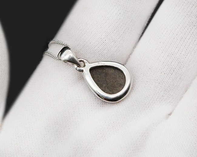 遊色アンモナイトの王様、カナダ産のアンモ”ラ”イト(Ammolite)を使った、ティアドロップ型のペンダントトップ。金具はスターリングシルバー。(シルバーチェーン、革紐、ジュエリーケース付き)(その7)