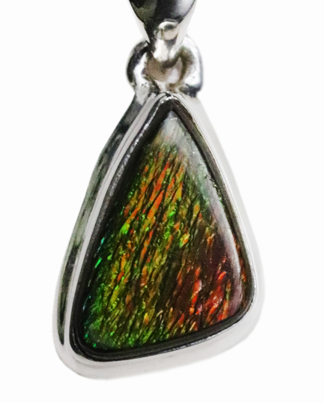 緑から赤への色の変化にご注目！遊色アンモナイトの王様！アンモ”ラ”イト（Ammolite）を使ったペンダントトップ。金具はスターリングシルバー。チェーン、革紐、ジュエリーケース付き（その6）