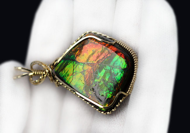 アンモライト(Ammolite)と14金ゴールドフィルのコラボが。一点もののペンダントトップ。チェーン、黒紐、ジュエリーケース付き(その3)