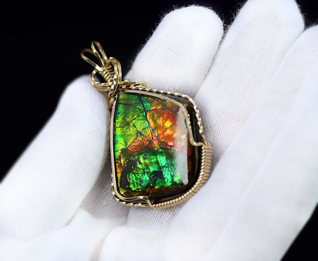 アンモライト(Ammolite)と14金ゴールドフィルのコラボが。一点もののペンダントトップ。チェーン、黒紐、ジュエリーケース付き(その7)