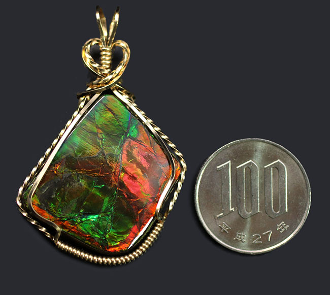アンモライト(Ammolite)と14金ゴールドフィルのコラボが。一点もののペンダントトップ。チェーン、黒紐、ジュエリーケース付き(その8)