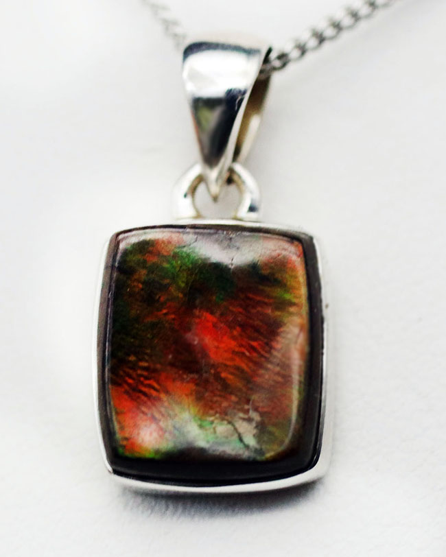 遊色アンモナイトの王様、カナダ産のアンモ”ラ”イト(Ammolite)を使ったペンダントトップ。カナダ産アルバータ州産。金具はスターリングシルバー。チェーン、革紐、ジュエリーケース付き(その3)