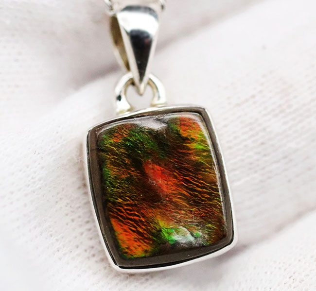 遊色アンモナイトの王様、カナダ産のアンモ”ラ”イト(Ammolite)を使ったペンダントトップ。カナダ産アルバータ州産。金具はスターリングシルバー。チェーン、革紐、ジュエリーケース付き(その5)